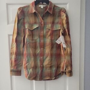 NWT Treasure And Bond Puff Sleeve Plaid Button-Up Shirt XS